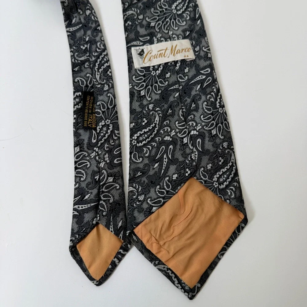 VTG Count Marco Men Paisley Necktie Gray Italy Luxury Designer Tie Formal Career